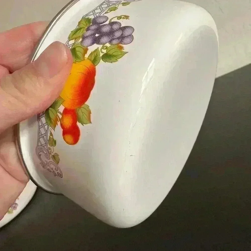 Vintage Metal Enamel Kitchen Storage Bowls Stacking With Vegetable Print